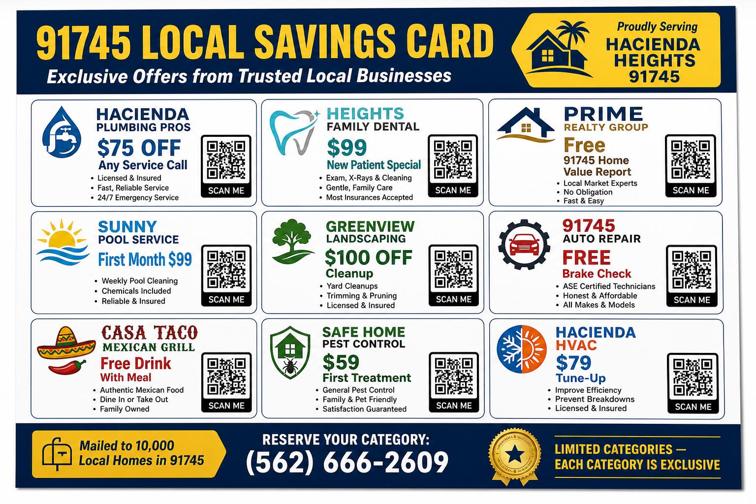 Flat 9x12 sample of the 91745 Local Savings Card postcard with nine local business ads, QR codes, and Hacienda Heights branding
